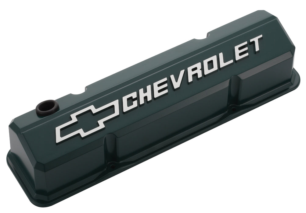 Proform 141-933 Valve Covers; Slant-Edge Tall; Die Cast; Green w/ Raised Bowtie Logo; SB Chevy - Truck Part Superstore