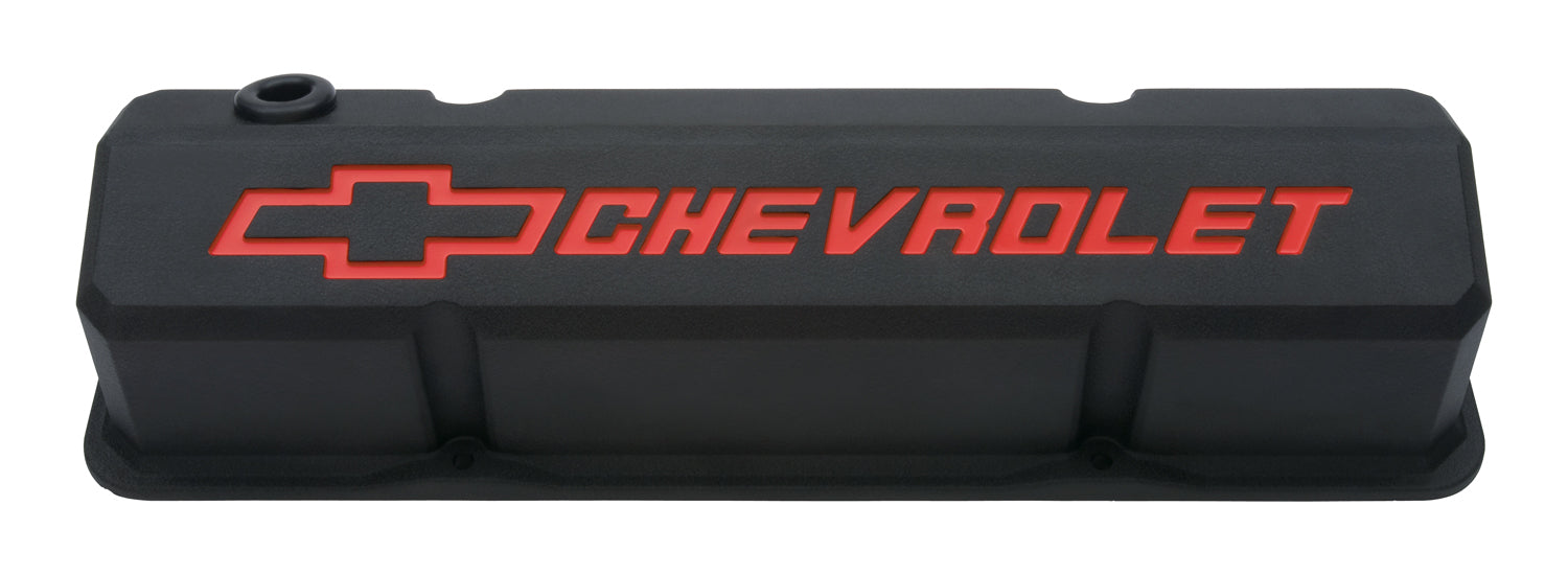 Proform 141-928 Valve Covers; Slant-Edge Tall; Die Cast; Black w/Recessed Bowtie Logo; SB Chevy - Truck Part Superstore