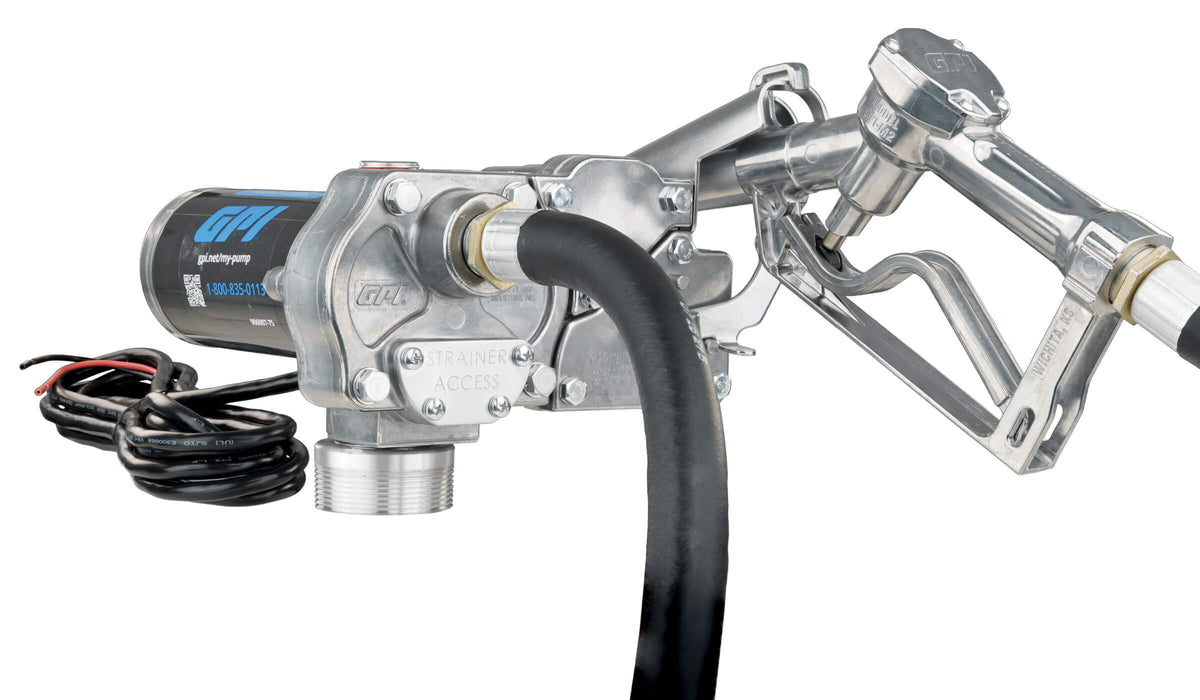 Rear pump side view of the GPI M-150 fuel transfer pump with manual shut-off unleaded nozzle economy model