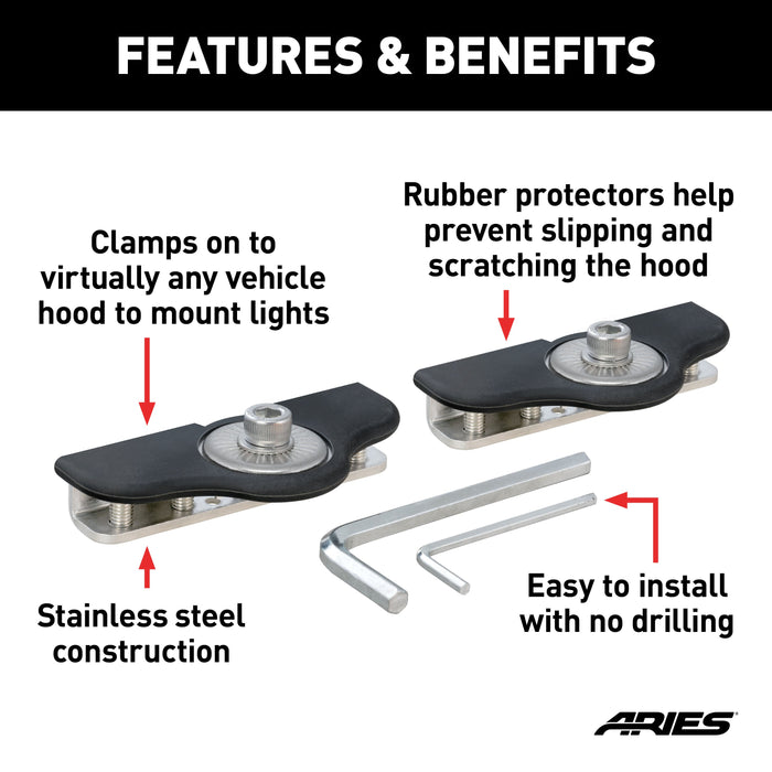ARIES 1110315 Universal Clamp-On Hood LED Light Brackets, 2-Pack