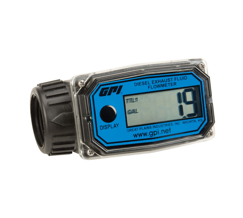 View of the blue faced inline or end-of-hose GPI 01N31GM-U Digital Diesel Exhasut Fluid Meter