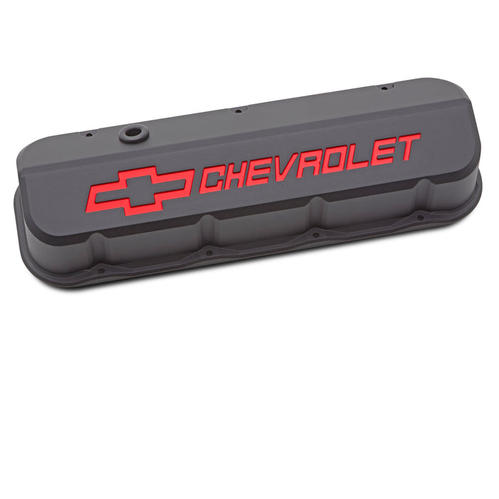 Proform 141-876 Engine Valve Covers; Tall; Die-Cast; BB Chevy; Black Crinkle w/ Red Chevy Logo - Truck Part Superstore