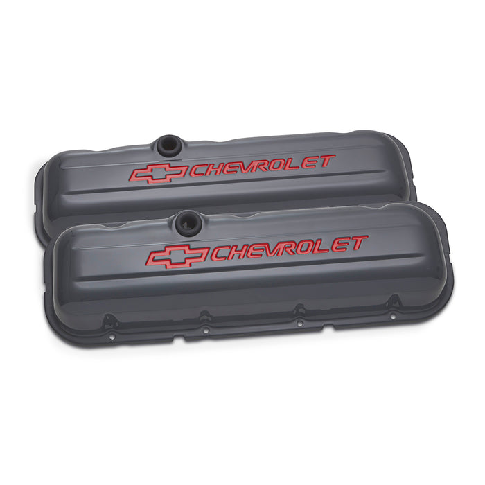 Proform 141-888 Engine Valve Covers; Stamped Steel; Tall; Shark Gray; w/ Bowtie Logo; BB Chevy - Truck Part Superstore
