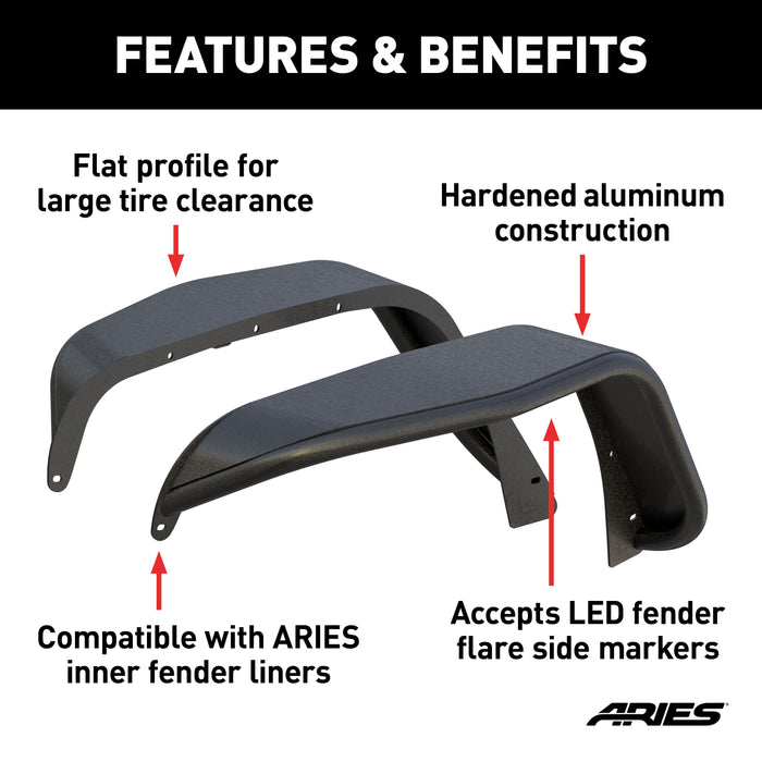 ARIES 1500201 Jeep Wrangler JK Black Aluminum Front Fender Flares for Select Jeep Wrangler