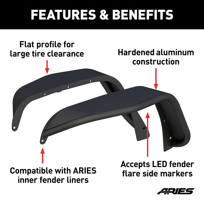 ARIES 1500211 Smooth Carbide Black Aluminum Front Jeep Wrangler JK Fender Flares for Off-Road-Style Wheels for Select Jeep Wrangler