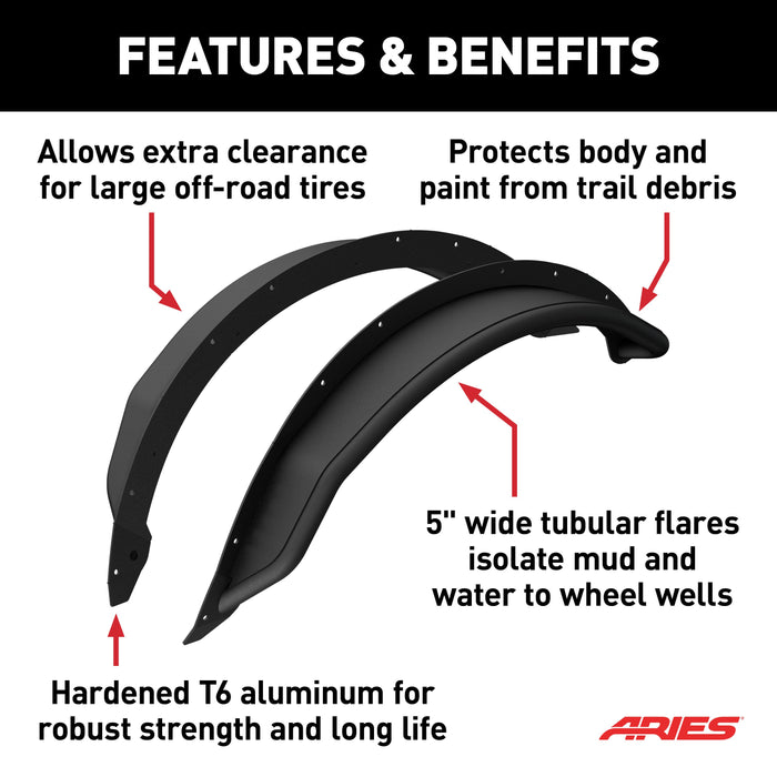 ARIES 1500302 Ford Bronco Smooth Black Aluminum Tubular-Style Front Wheel Fender Flares for 2-Door & 4-Door for Select Ford Bronco