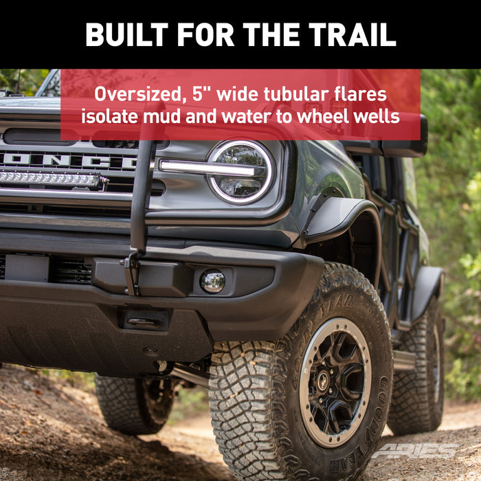 ARIES 1500302 Ford Bronco Smooth Black Aluminum Tubular-Style Front Wheel Fender Flares for 2-Door & 4-Door for Select Ford Bronco