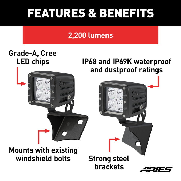 ARIES 1501304 Jeep JK Windshield Lights and Brackets for Select Jeep Wrangler