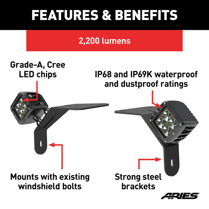 ARIES 1501305 Jeep Wrangler JL, Gladiator Windshield Lights and Brackets for Select Jeep Wrangler