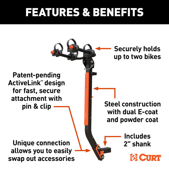CURT 18410 CURT 18410 ActiveLink SE Hitch-Mounted Bike Rack, 2 Bikes, 2" Shank - Truck Part Superstore