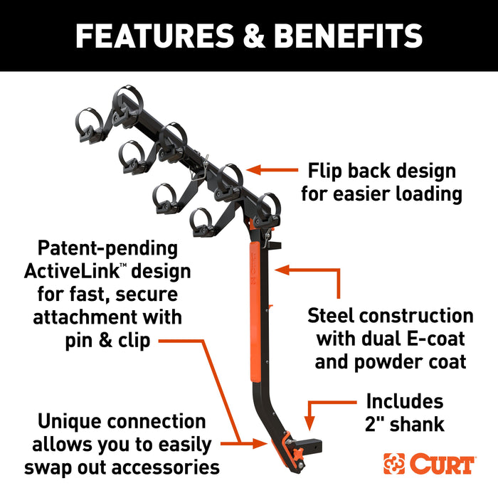CURT 18412 CURT 18412 ActiveLink Ultra Hitch-Mounted Bike Rack, 2 or 4 Bikes, 2" Shank - Truck Part Superstore
