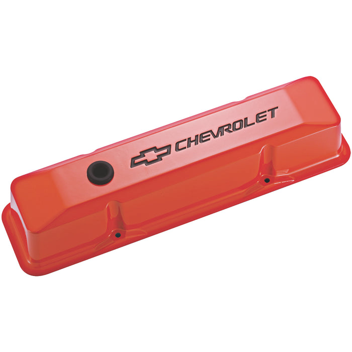 Proform 141-118 Engine Valve Covers; Tall Style; Die Cast; Orange w Blk Bowtie Logo; SB Chevy - Truck Part Superstore