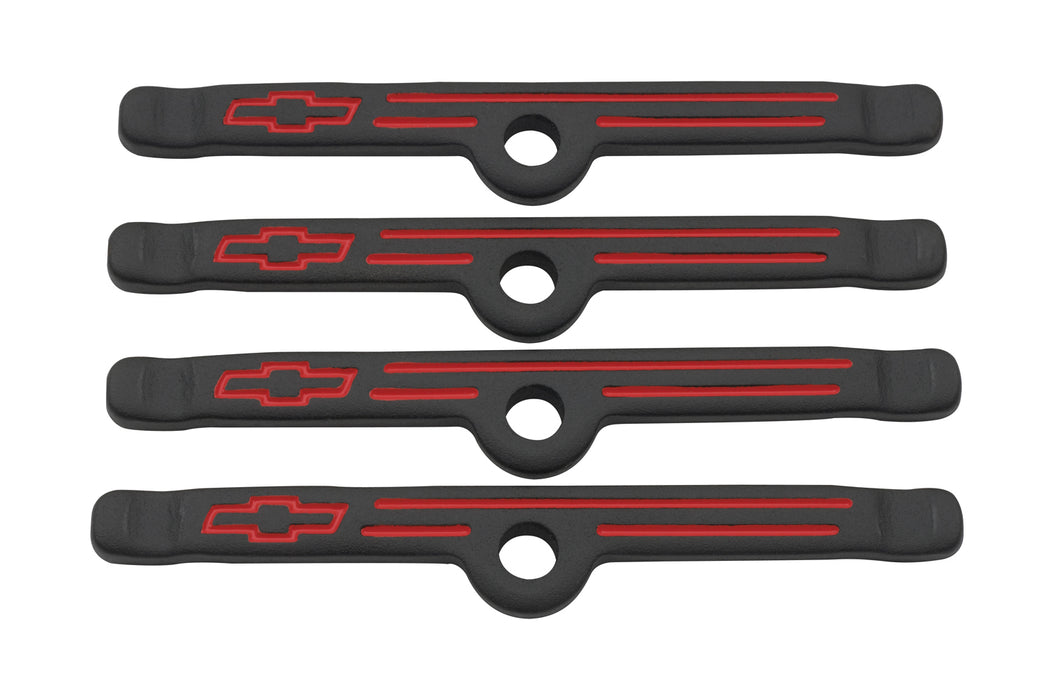 Proform 141-757 Engine Valve Cover Holdown Clamps; Black Crinkle w/Bowtie Logo; SB Chevy; 4 Pcs - Truck Part Superstore