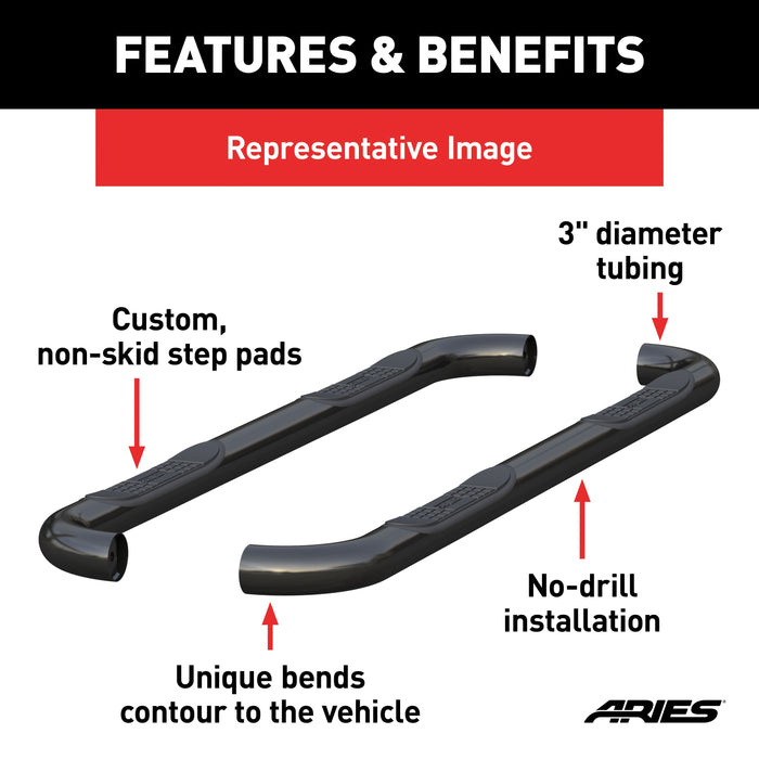 ARIES 202003 3" Round Black Steel Side Bars, Select Toyota Tundra for Select Toyota Tundra