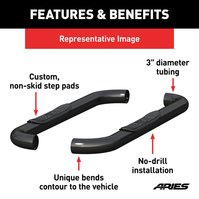ARIES 203014 3" Round Black Steel Side Bars, Select Ford F-250, F-350 Super Duty for Select Ford F-250