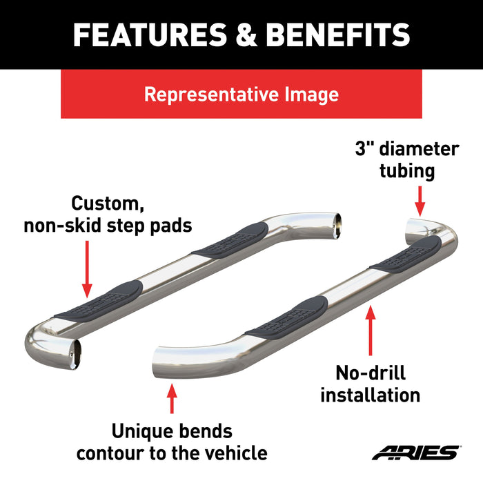 ARIES 203046-2 3" Round Polished Stainless Side Bars, Select Ford Ranger SuperCrew for Select Ford Ranger