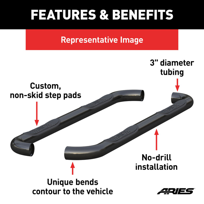 ARIES 203046 3" Round Black Steel Side Bars, Select Ford Ranger SuperCrew for Select Ford Ranger