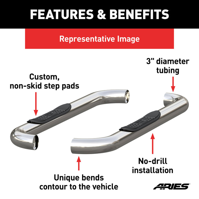 ARIES 204017-2 3" Round Polished Stainless Side Bars, Select Silverado, Sierra 1500, 2500, 3500 for Select Chevrolet Silverado 1500