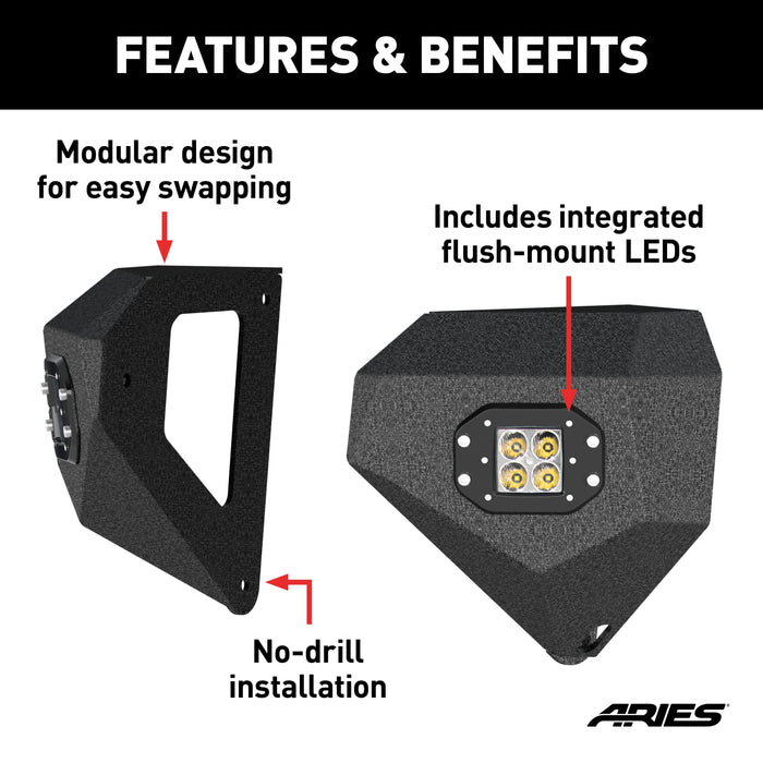 ARIES 2081205 TrailChaser Jeep Wrangler, Gladiator Aluminum Front Bumper Corners with LEDs for Select Jeep Wrangler