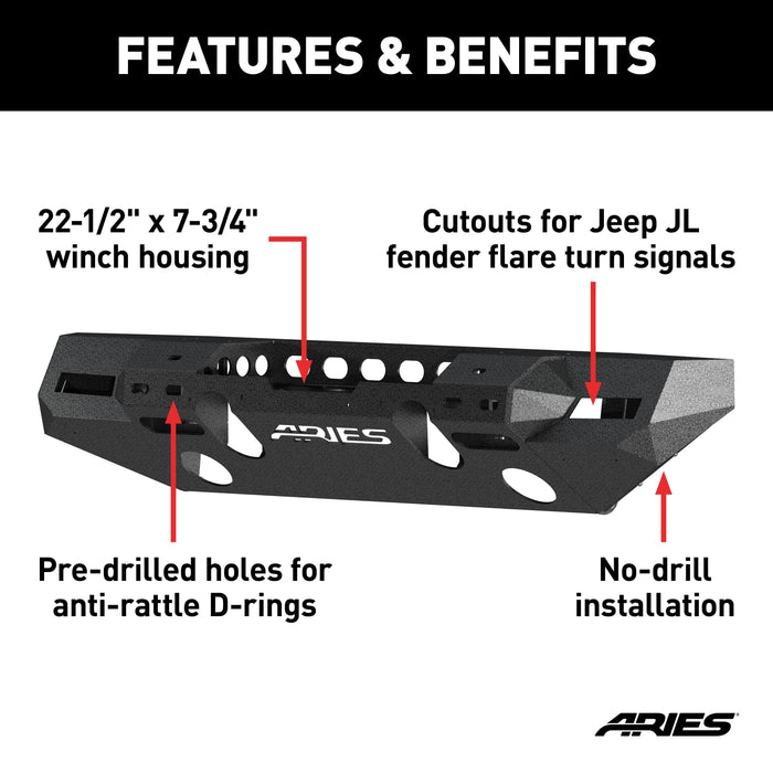 ARIES 2082076 TrailChaser Jeep Wrangler JL, Gladiator Aluminum Front Bumper (Option 7) for Select Jeep Wrangler