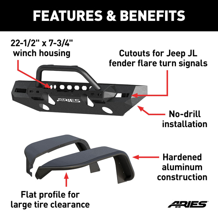 ARIES 2082096 TrailChaser Jeep Wrangler JL Front Bumper with Fender Flares (Option 8) for Select Jeep Wrangler
