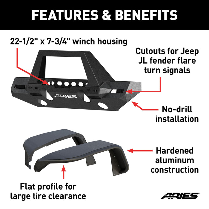 ARIES 2082097 TrailChaser Jeep Wrangler JL Front Bumper with Fender Flares (Option 9) for Select Jeep Wrangler