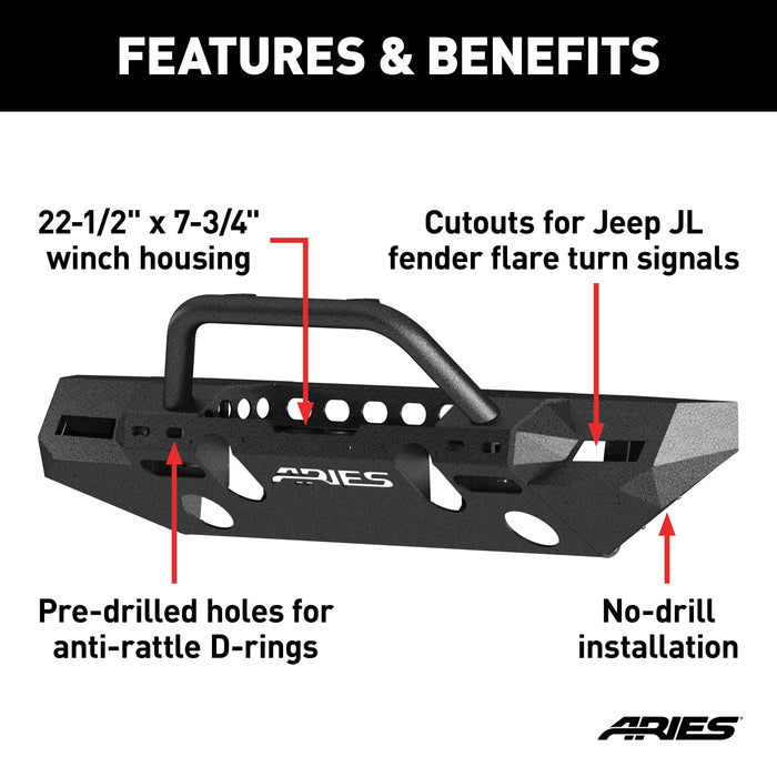 ARIES 2082098 TrailChaser Jeep Wrangler JL, Gladiator Aluminum Front Bumper (Option 8) for Select Jeep Wrangler