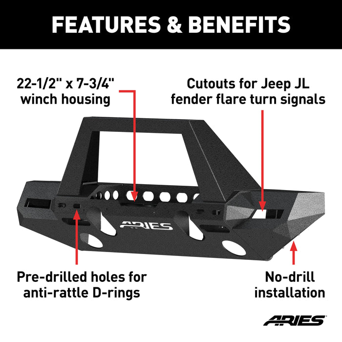 ARIES 2082099 TrailChaser Jeep Wrangler JL, Gladiator Aluminum Front Bumper (Option 9) for Select Jeep Wrangler