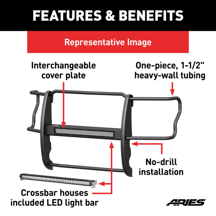 ARIES 2170022 Pro Series Black Steel Grille Guard with Light Bar, Select Colorado, Canyon for Select Chevrolet Colorado