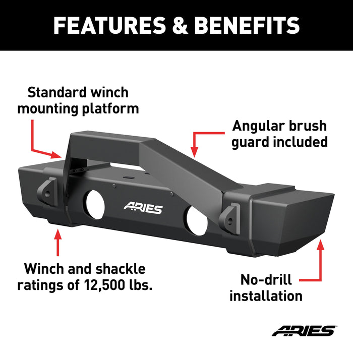 ARIES 2186002 TrailCrusher Jeep JL, Gladiator Steel Front Bumper with Brush Guard, 12.5K for Select Jeep Wrangler