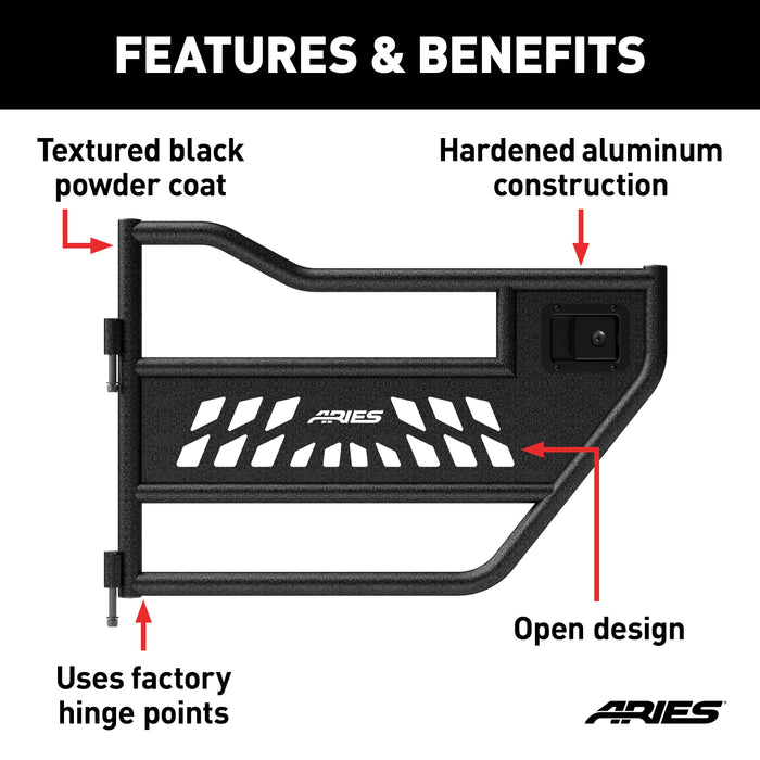 ARIES 2500200 Jeep Wrangler JL, Gladiator Aluminum Rear Tube Doors for Select Jeep Wrangler