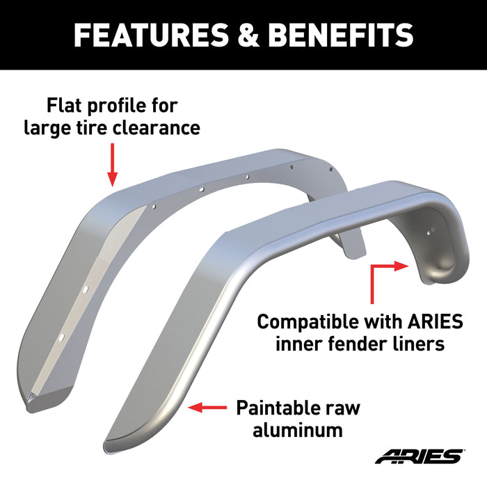 ARIES 2500202 Jeep Wrangler JK Raw Aluminum Rear Fender Flares for Select Jeep Wrangler