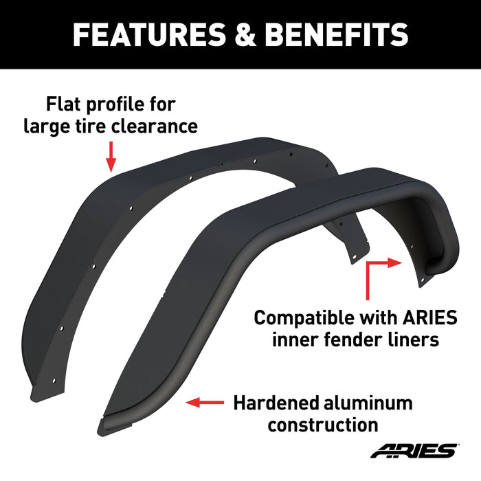 ARIES 2500213 Smooth Carbide Black Aluminum Rear Jeep Wrangler JL Fender Flares for Off-Road-Style Wheels for Select Jeep Wrangler