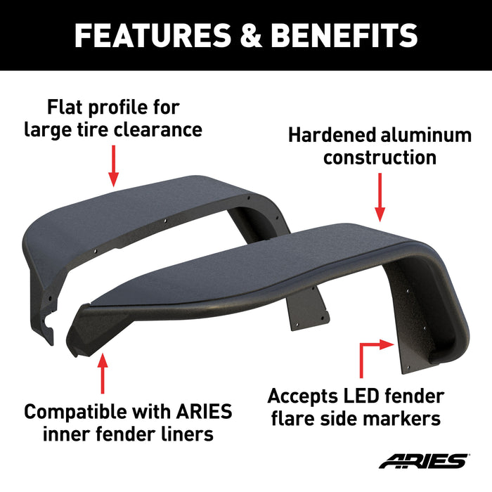 ARIES 2500835 Textured Black Aluminum Front Fender Flares with LED Lights, Fits Select Jeep Wrangler JL for Select Jeep Wrangler