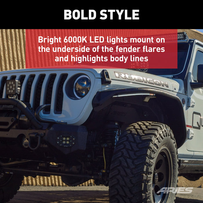 ARIES 2500835 Textured Black Aluminum Front Fender Flares with LED Lights, Fits Select Jeep Wrangler JL for Select Jeep Wrangler