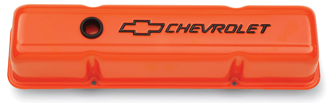 Proform 141-784 Engine Valve Covers; Stamped Steel; Tall; Orange w/ Bowtie Logo; Fits SB Chevy - Truck Part Superstore