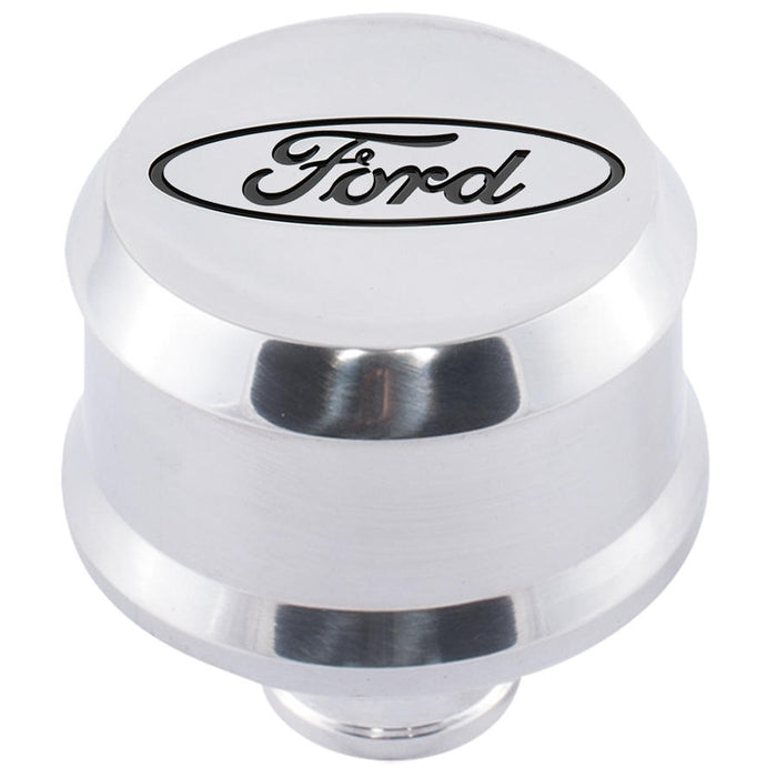 ProForm 302-438 Slant-Edge Aluminum Push-In Air Breather Cap Polished Finish Recessed Black Oval Ford Emblem Proform - Truck Part Superstore