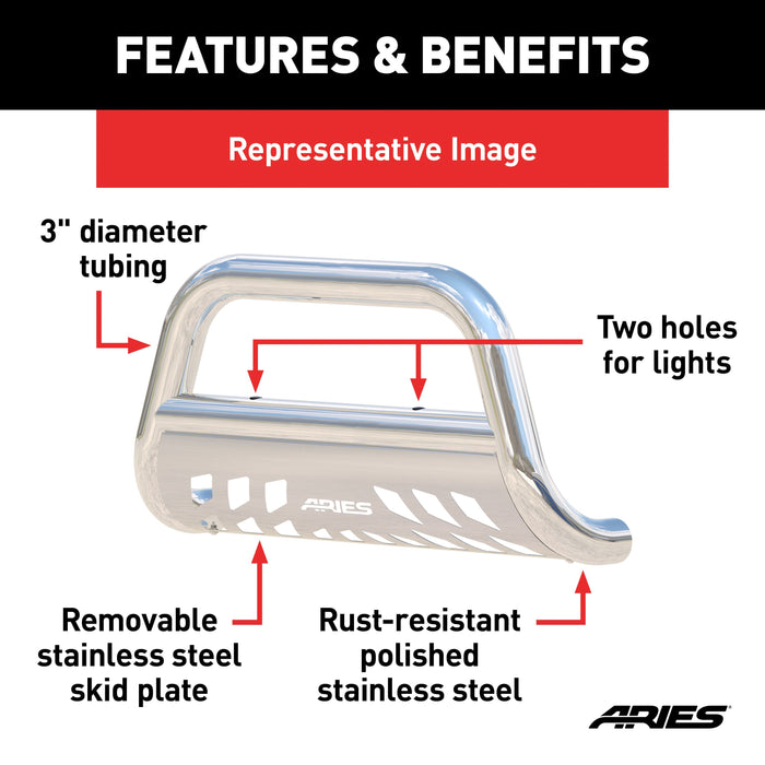 ARIES 35-3012 3" Polished Stainless Bull Bar, Select Ford F-250, F-350, F-450, F-550 for Select Ford F-250