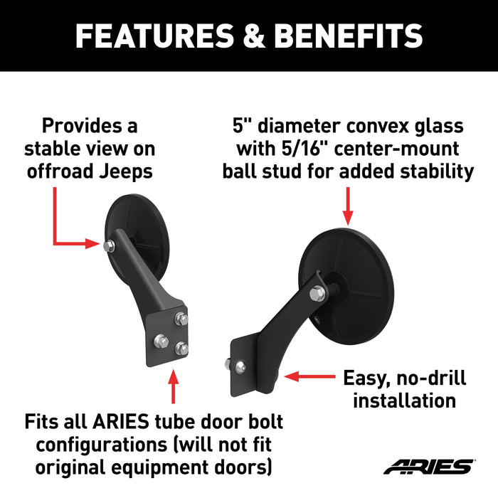 ARIES 3500300 Offroad Jeep Wrangler Tube Door Mirrors (2-Pack) for Select Jeep Wrangler