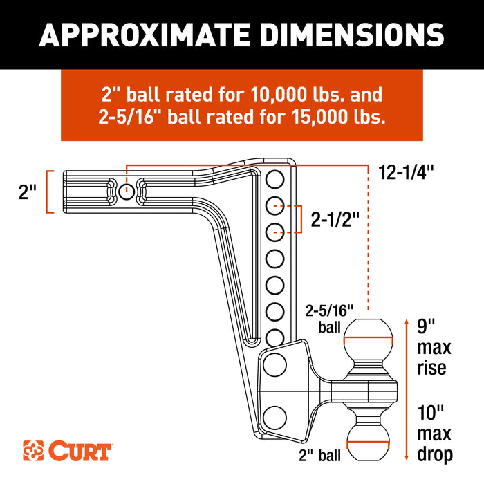 CURT 45936 Deep-Drop Adjustable Trailer Hitch Ball Mount with Dual Ball, 2" Shank, 15K - Truck Part Superstore