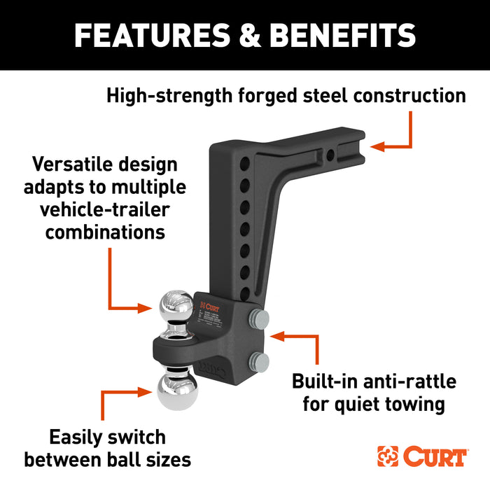 CURT 45936 Deep-Drop Adjustable Trailer Hitch Ball Mount with Dual Ball, 2" Shank, 15K - Truck Part Superstore