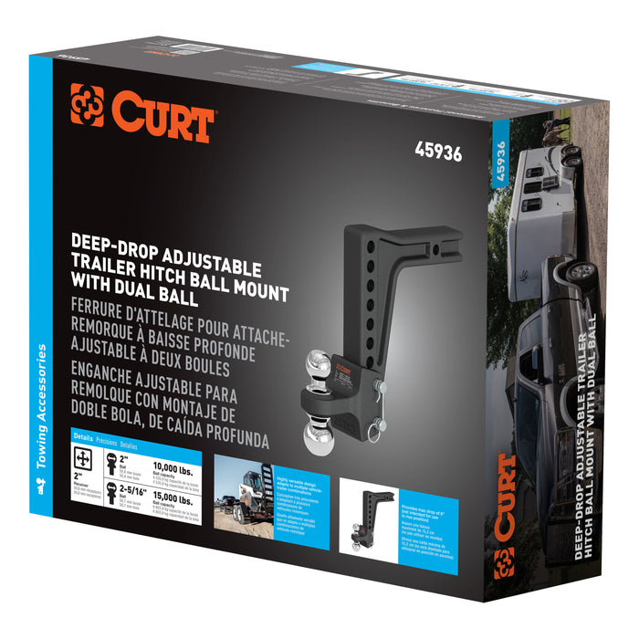 CURT 45936 Deep-Drop Adjustable Trailer Hitch Ball Mount with Dual Ball, 2" Shank, 15K - Truck Part Superstore