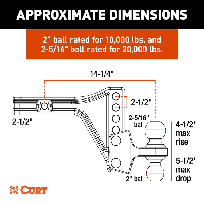 CURT 45937 HD Adjustable Trailer Hitch Ball Mount with Dual Ball, 2-1/2" Shank, 20K - Truck Part Superstore