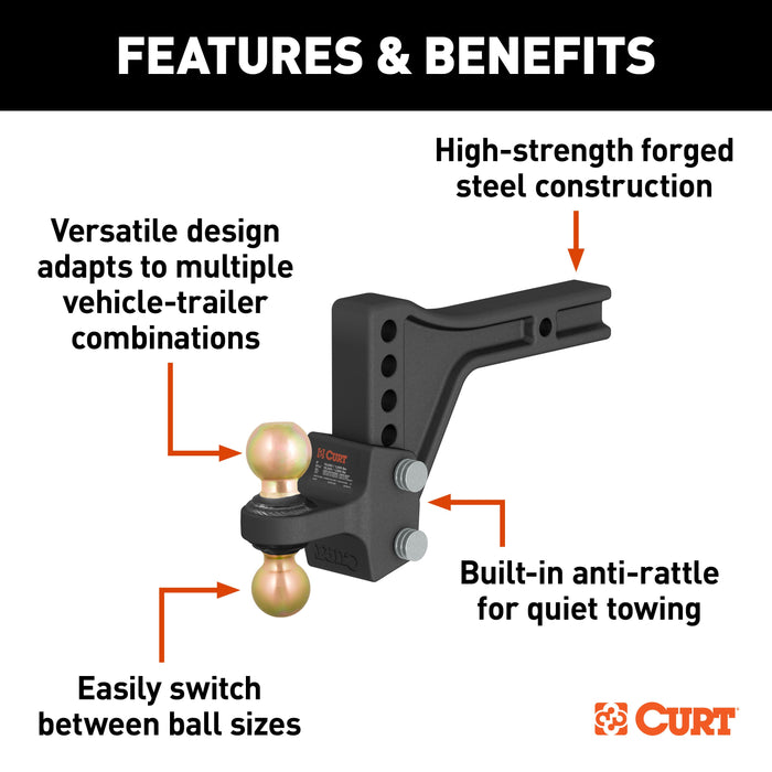 CURT 45937 HD Adjustable Trailer Hitch Ball Mount with Dual Ball, 2-1/2" Shank, 20K - Truck Part Superstore