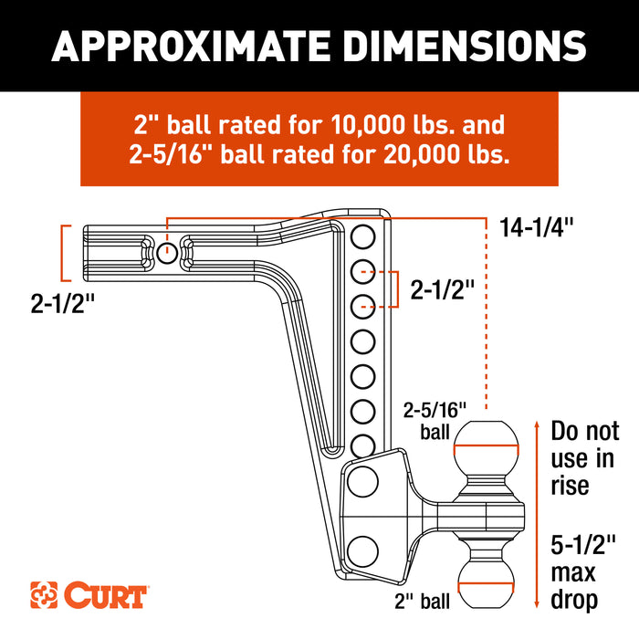 CURT 45939 HD Deep-Drop Adjustable Hitch Ball Mount with Dual Ball, 2-1/2" Shank, 20K - Truck Part Superstore