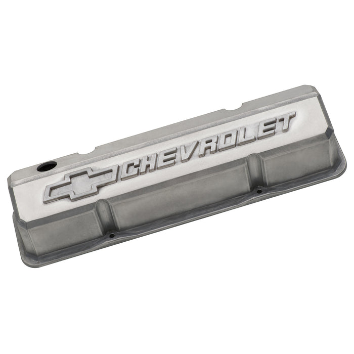 Proform 141-939 Valve Covers; Slant-Edge Tall; Alum; Unpolished w/ Raised Bowtie Logo; SB Chevy - Truck Part Superstore