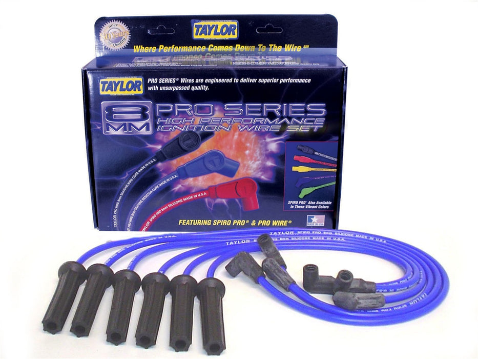 Taylor Cable 72600 8mm Spiro-Pro Ignition Wire Set; Blue; Stock; 11.75 in.; 180 Deg. Plug Boot; - Truck Part Superstore