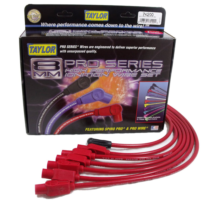 Taylor Cable 74200 8mm Spiro-Pro Ignition Wire Set; Red; Stock; 11.75 in.; 180 Deg. Plug Boot; - Truck Part Superstore