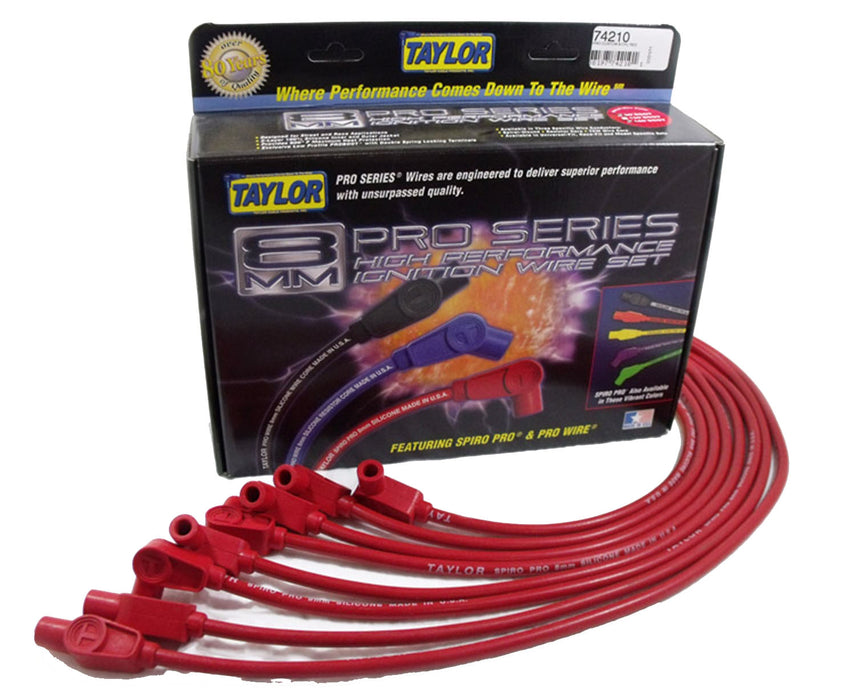 Taylor Cable 74210 8mm Spiro-Pro Ignition Wire Set; Spiro-Wound; Custom Fit; 90/180 deg.; Red; - Truck Part Superstore