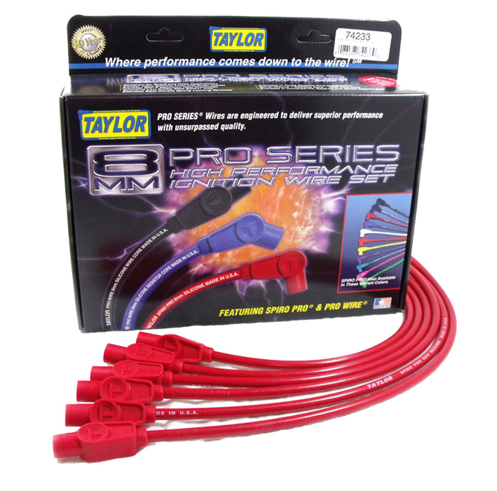 Taylor Cable 74233 8mm Spiro-Pro Ignition Wire Set; Red; Stock; 11.75 in.; 180 Deg. Plug Boot; - Truck Part Superstore